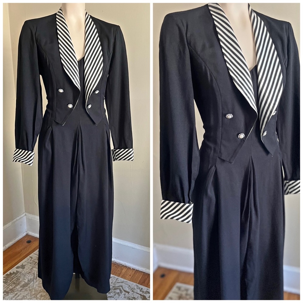 VINTAGE 90s tuxedo button striped collar wide leg palazzo jumpsuit formal circus